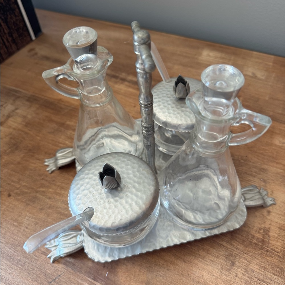 Vintage Glass and hammered aluminum Condiment Set